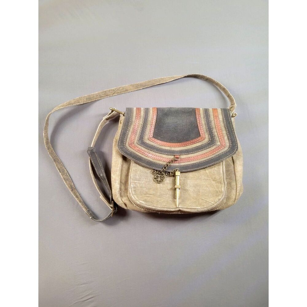 Mona B Recycled Upcycled Canvas Key Lock Flap Crossbody Bag Tan Boho